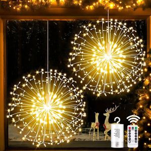 Kerst Decoratie Fireworks Lights 2 Pack 198 LED Starburst Lights Battery Powered Christmas Pendant Lights with Remote Control 8 Modes Waterproof String Lights for Outdoor Patio Tree Party Decorations - Warm White