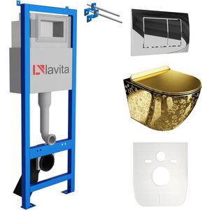 LAVITA® Inbouwreservoir Complete Toiletset LAV 101 - Inbouw WC Hangtoilet Wandcloset SOFI SLIM GOLDEN EYE - Bedieningsplaat 200.1.2 Chroom - Voorwandelement voor toilet 40cm - Installatiesysteem
