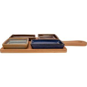 Serveerplank bamboe 29 x 20 cm met 4x luxe hapjes/saus/tapas schaaltjes