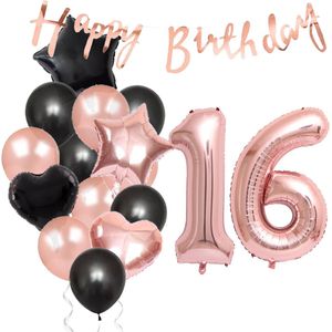 Snoes Ballonnen 16 Jaar Feestpakket – Versiering – Verjaardag Set Liva Rose Cijferballon 16 Jaar -Heliumballon