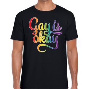 Gay is okay gaypride t-shirt -  zwart shirt met regenboog tekst voor heren - Gay pride XL