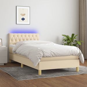 The Living Store Boxspring - LED - 203 x 90 x 78/118 cm - Crème - Stof (100% polyester) - Pocketvering - USB-aansluiting