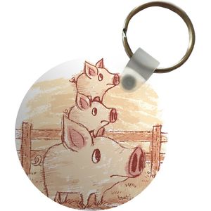 Sleutelhanger - Een illustratie van een varken met twee biggetjes - Plastic - Rond - Uitdeelcadeautjes