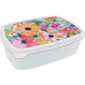 Broodtrommel Wit - Lunchbox Bloemen - Schilderij - Natuur - Botanisch - Brooddoos 18x12x6 cm - Brood lunch box - Broodtrommels voor kinderen en volwassenen