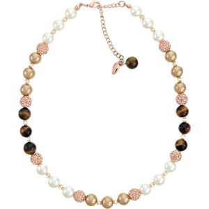 Behave Korte parel ketting dames met tijgeroog en crème glas parels– lengte 44 cm + 7 cm verlengketting