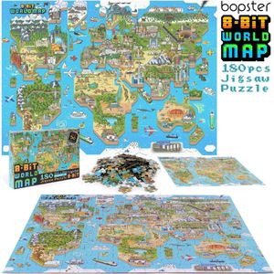 Bopster - wereldkaart puzzel - 180 stukjes - 57x42cm - geweldig 8-bit design - ontdek alle bekende gebouwen