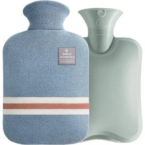 Warmwaterkruik met deksel, zachte premium gebreide hoes, 1 liter PVC-warmtas voor warm en koud, handvoetwarmer, nek- en schouderpijnverlichting (blauw)