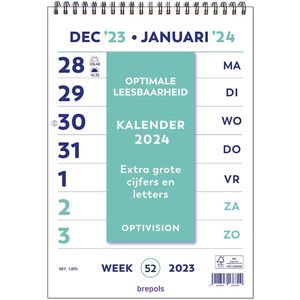 Brepols Optivision NL Kalender 2024 - Grote cijfers & letters - Wire-O - A4 - 21 x 29,7 cm