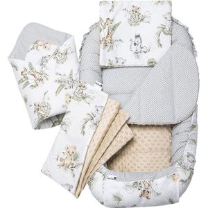 5-delige set babynestjes, 100 x 60 x 15 cm, uitneembaar inzetstuk, bed, knuffelnest, kruipdeken voor baby's en pasgeborenen, 100% katoen (safari met beige minky)