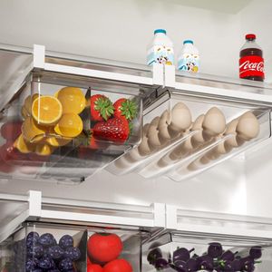 2-pack koelkastlade-organizer, doorzichtige koelkastorganizer-containers en eierhouder, past op koelkastplanken onder 0,6 inch