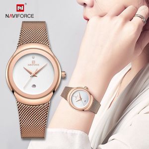 NAVIFORCE horloge met rose gouden metalen polsband, witte wijzerplaat en rose gouden horlogekast voor dames met stijl ( model 5004 RGW )