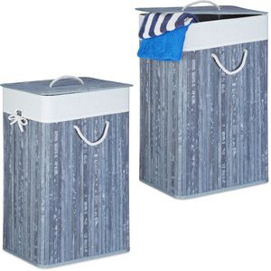 Relaxdays 2x wasmand bamboe - grijze wasbox opvouwbaar - 80 liter - 65,5 x 43,5 x 33,5 cm