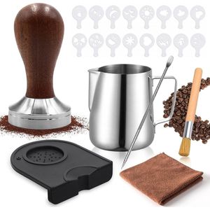 Coffee Tamper,Espresso Tamper 51mm,Coffee Tamper Set Stainless Steel Base Wooden Handle,Espresso Pestle Set,Espresso Coffee Press,Espresso Stamp,Milk Jug(350ml)-Barista Set