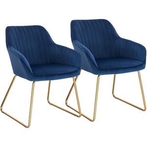 Rootz Velvet eetkamerstoelen set van 2 - Fauteuils met gouden poten - Gestoffeerde stoelen - Uitzonderlijk comfort - Duurzaam ontwerp - Veelzijdig gebruik - Blauw fluweel - 45 cm x 44 cm