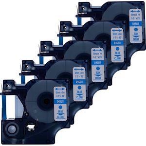 DULA Dymo D1 45011 - S0720510 - Compatible label tape - 5 lettertapes - Blauw op transparant - 12mm x 7m
