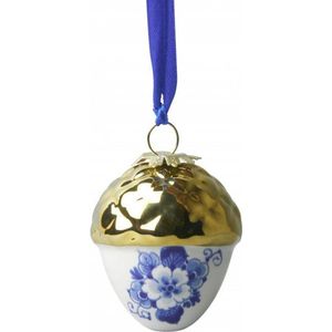 Kerstbal Noot met gouden dopje | 2 stuks |  Heinen Delfts Blauw | Kerstversiering | Delfts Blauwe hanger