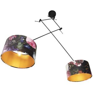 QAZQA Blitz - Klassieke Hanglamp met Kap - 2 Lichts - L 750 Mm - Zwart Goud