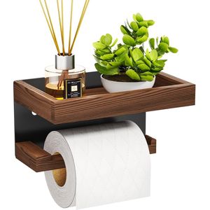 Toiletrolhouder zonder boren - toiletrolhouder zonder boren met houten dienblad, multifunctionele hangende toiletrolhouder met plank voor keuken en badkamer