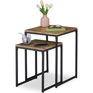 Bijzettafel set van 2 - Industrieel design tafels - Mimiset - Twee groottes - Vierkant - Metaal - Houtkleur/zwart