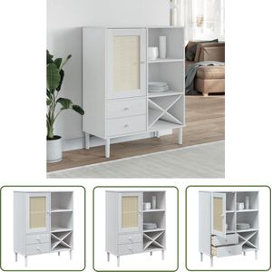 The Living Store Hoge kast SENJA 90x40x112 cm rattan look massief grenenhout wit - Hoge Kast - Houten Kast - Grenenhout Kast - Opbergkast - Tv Kast
