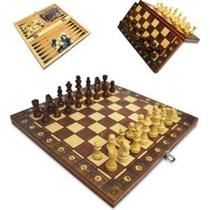 Shagam - 3-in-1 Set - 39 x 39 cm - Schaakbord - Dambord (8x8) - Backgammon - Hout - Magnetisch - Met Schaakstukken - Opklapbaar - Schaakspel - Schaakset - Schaken - Chess - Damset