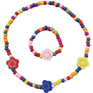 Fako Bijoux® - Kinderketting en Armband - Hout - Bloemen