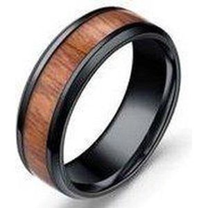 Ring Heren Zwart ingelegd met Hout - Staal - Ringen Mannen Dames - Cadeau voor Man - Mannen Cadeautjes Accesoires