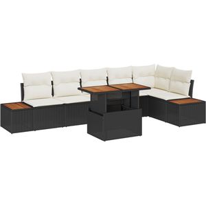 vidaXL - 7-delige - Tuin - Eetset - met - Kussens - Zwart - Poly - Rattan - Acacia