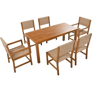 Merax 7-delig Tuinmeubelset - PE Rattan Tuinset voor 6 Personen - Acacia Houten Tuinmeubels - Bruin