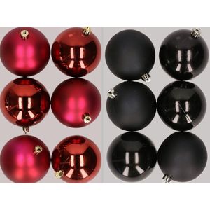 12x stuks kunststof kerstballen mix van donkerrood en zwart 8 cm - Kerstversiering