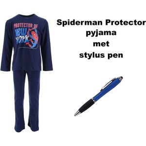 Spiderman - Marvel - Pyjama - Protector Donkerblauw met Stylus Pen. Maat 128 cm / 8 jaar.