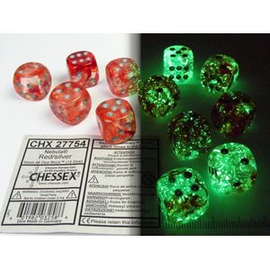 Chessex Nebula Rood/Zilver Luminary D6 16mm Dobbelsteen Set (12 stuks)