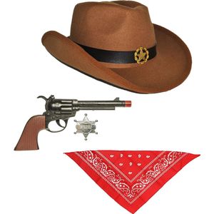 Boland - Carnaval verkleed set cowboyhoed bruin - rode zakdoek en pistool