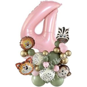 Jungle Ballonnen Pakket - Jungle / Safari / Dieren Feestpakket - Verjaardag Versiering - Leeftijdballon 4 Jaar - Kinderfeestje - Feestversiering - Heliumballon / Folieballon - Versiering Zoon / Dochter / Kind - 38 stuks Ballonnen