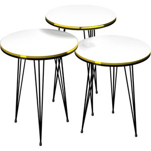 In And OutdoorMatch Bijzettafel Pilfix - Set van 3 - Rond - Zwart en Wit - Spaanplaat en Metaal - Stijlvol design