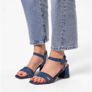 Manfield - Dames - Blauwe suède sandalen met hak - Maat 36