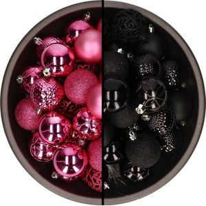 Bellatio Decorations Kerstballen mix - 74-delig - fuchsia en zwart - 6 cm - kunststof