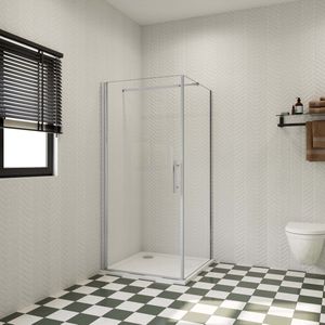 Douchecabine B:90xD:90xH:195cm, draaideur met zijpanelen, 6 mm transparant, gemakkelijk te reinigen gehard glas, stabilisatiestang 73-120cm (verstelbaar), profiel van glanzend chroom.
