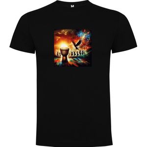 Zwart T-Shirt met “Kleurrijke Bongo drums – Afrikaans – Dansen – Muziek – Vrolijk “ Print Full Color Maat XL