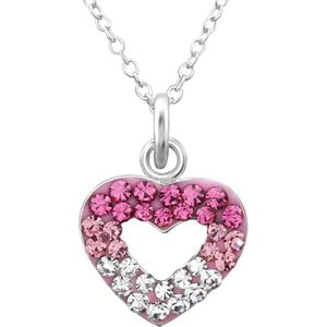Joy|S - Zilveren hartje hanger met ketting 39 cm - kristal roze en wit hartje 11 x 10 mm - voor kinderen