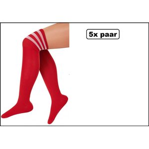 5x Paar Lange sokken rood met witte strepen - maat 36-41 - Lieskousen - kniekousen overknee kousen sportsokken cheerleader carnaval voetbal hockey unisex festival