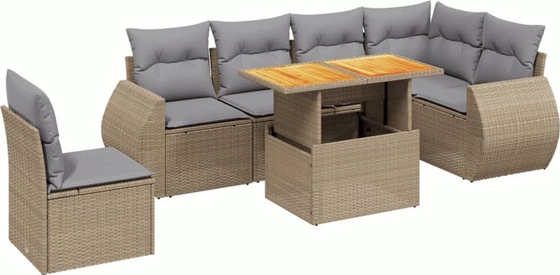vidaXL - 7-delige - Loungeset - met - kussens - poly - rattan - beige