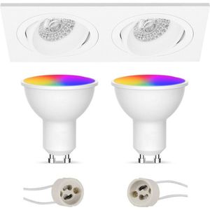 LED Spot Set GU10 - Facto - Smart LED - Wifi LED - Slimme LED - 5W - RGB+CCT - Aanpasbare Kleur - Dimbaar - Afstandsbediening - Pragmi Borny Pro - Inbouw Rechthoek Dubbel - Mat Wit - Kantelbaar - 175x92mm