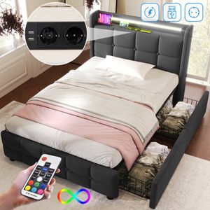 Gestoffeerd bed met opladen USB oplaadfunctie hoofdeinde en LED verlichting en 2 lades, eenpersoonsbed 90x200cm opbergruimte bedden bedframe, houten lattenbodem, grijs (zonder matras)