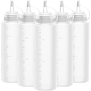 Squeeze fles, 5 stuks, 250 ml, plastic knijpfles met doppen, BPA-vrij, lekvrije flessen voor schilderen, bakken, ketchup, scherpe saus, olijfolie, sausfles