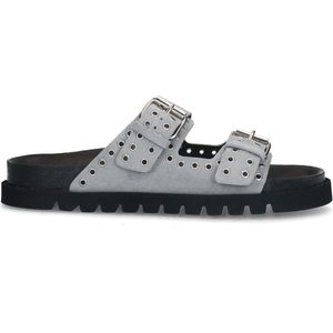 Manfield - Dames - Grijze suède slippers met studs - Maat 38