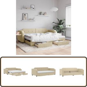 vidaXL Slaapbank met onderschuifbed en lades - Crème Slaapbank - Sofa Bed - Tweepersoons Bed - Crème Kleur - Stoffen Bank