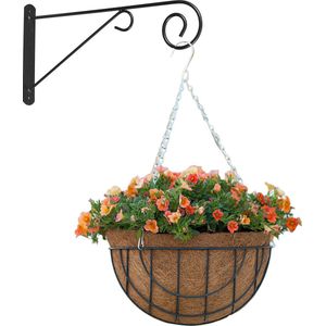 Hanging basket met muurhaak sierkrul grijs en kokos inlegvel - metaal - complete hanging basket set