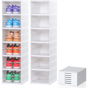 Shoe Boxes Pack of 6 Stackable Shoe Storage Transparent Hard Plastic White Shoe Box Shoe Organiser with Lid up to Size 44, Easy Installation