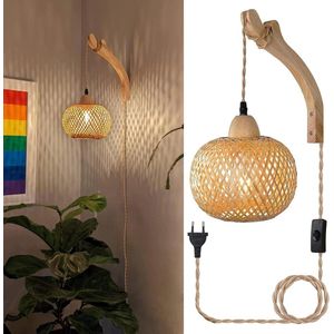 Binnen Wandlamp Vintage met Stekker en Schakelaar - E27 Retro Bamboe Lantaarn Rotan - Moderne Houten Nachtkastlamp voor Slaapkamer en Woonkamer (Zonder Gloeilamp)